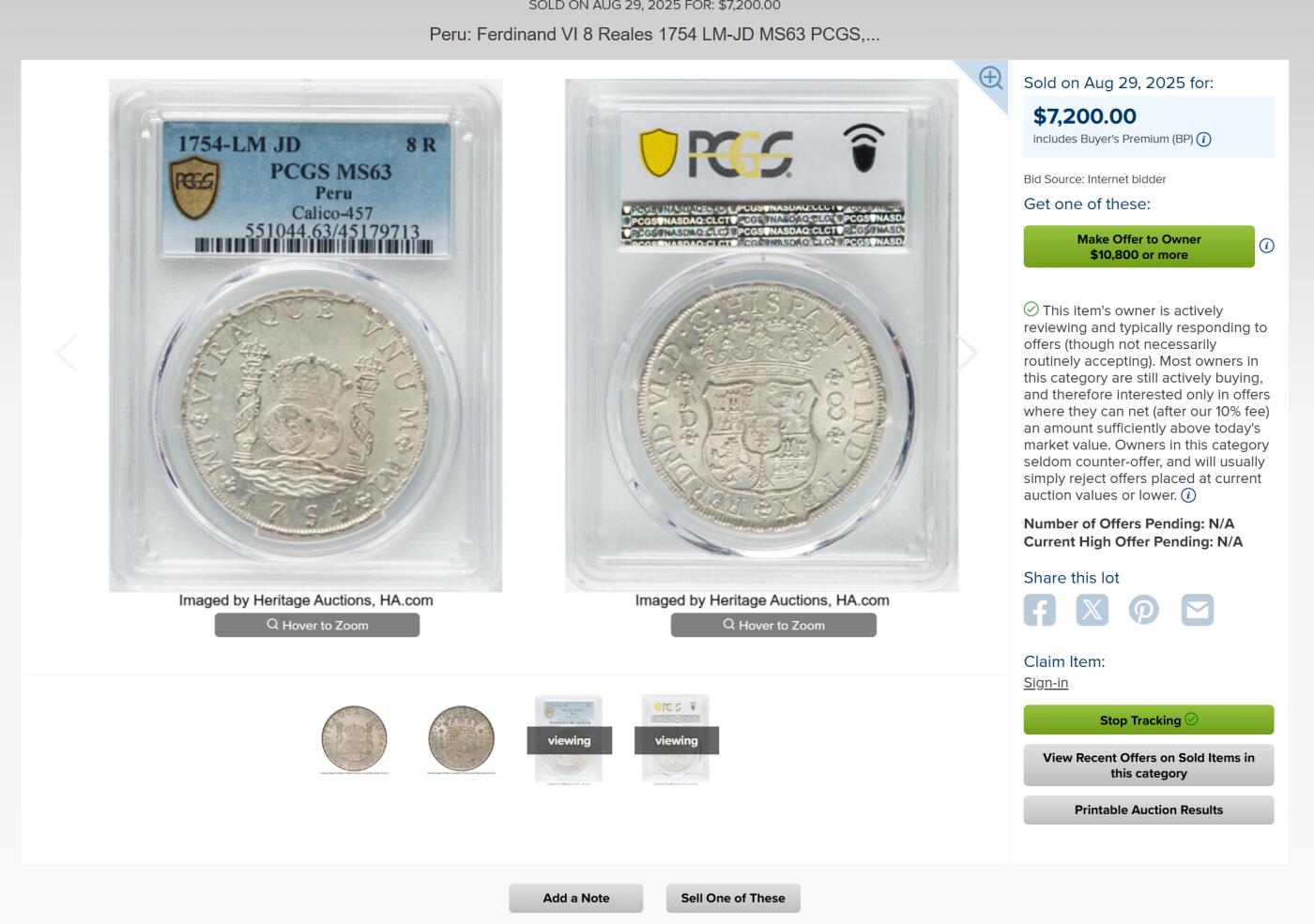 万国钱币拍卖第059期 PCGS MS63 1754西属秘鲁地球双柱8里亚尔银币 大名鼎鼎的利马厂铸造 西班牙大航海时代的产物 美国本土一直到1857年才终止了其作为货币流通的功能 此枚双面原光层极其饱满 打制深峻 不可多得的一枚典藏级地球 PC亚军分更高仅一枚 HA最近两枚同年份63成交价都在7200美金 此次贴脸入手机会切勿错过