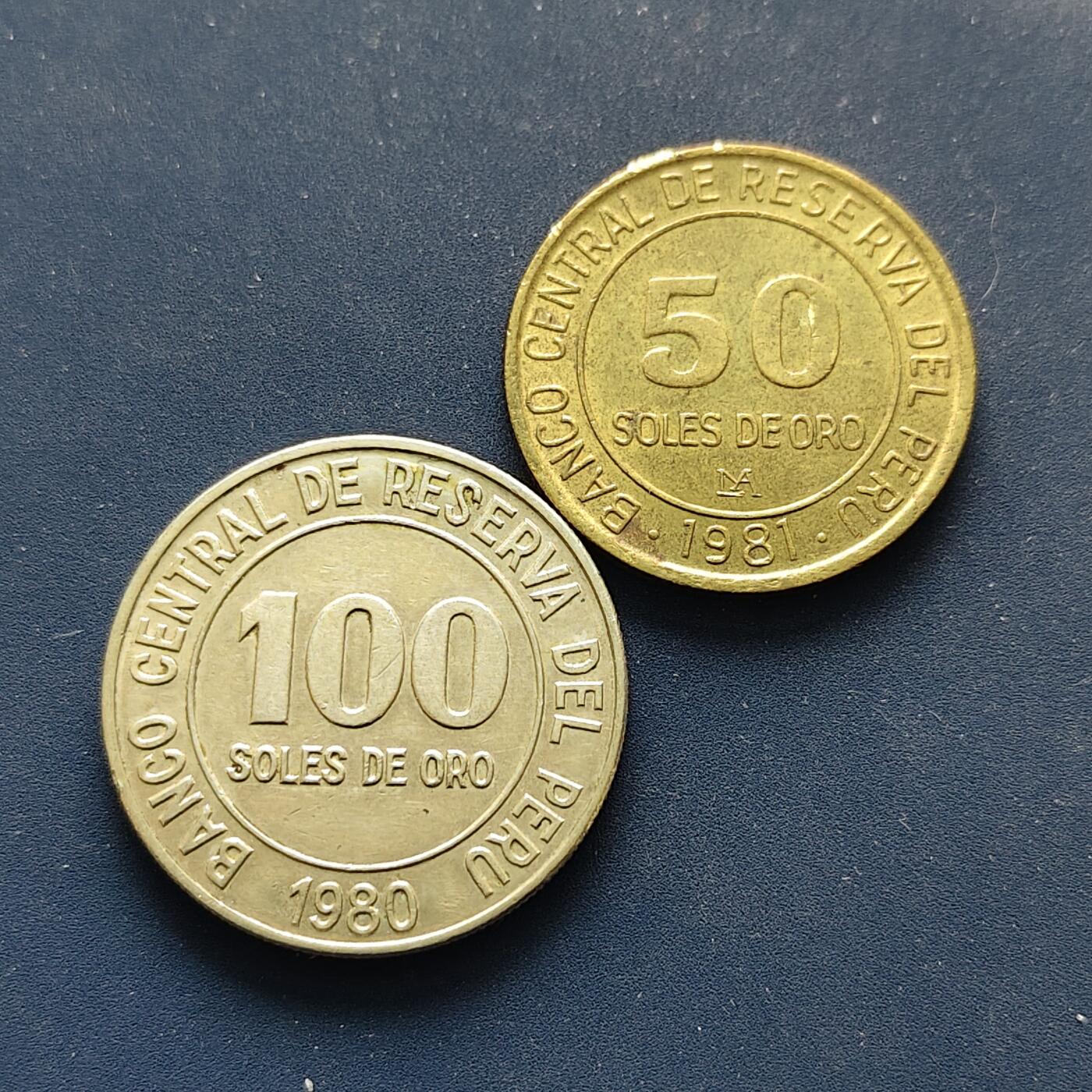 【全场包邮】纯粹捡漏拍498场-持续更新中 秘鲁1980/1981年50-100索尔高值币2枚一组 UNC品相
