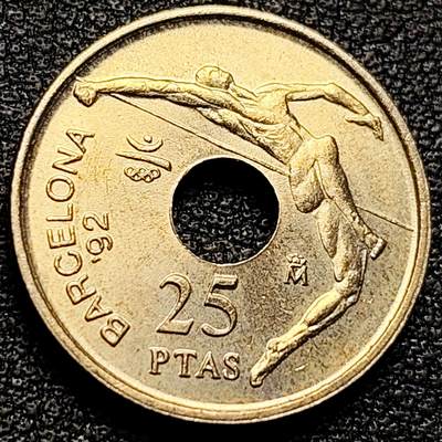 泉币菌-第177场- 精品福利场 - 跳高1990年西班牙25比塞塔铜铝镍圆孔币 纪念币 19.5毫米4.2g
