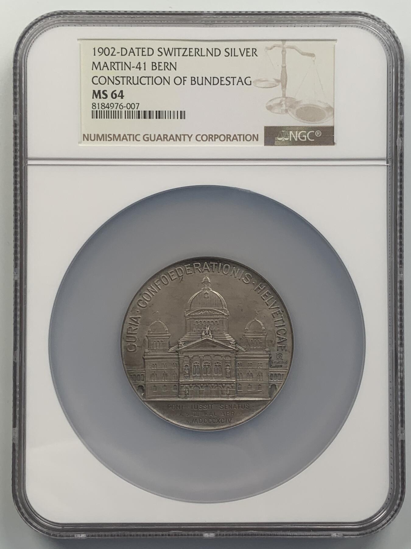 掌中浮雕-藏着的欧洲第051场 NGC MS64 : 1902年瑞士联邦委员会大楼落成纪念大银章 , 55mm , 稀少品种 