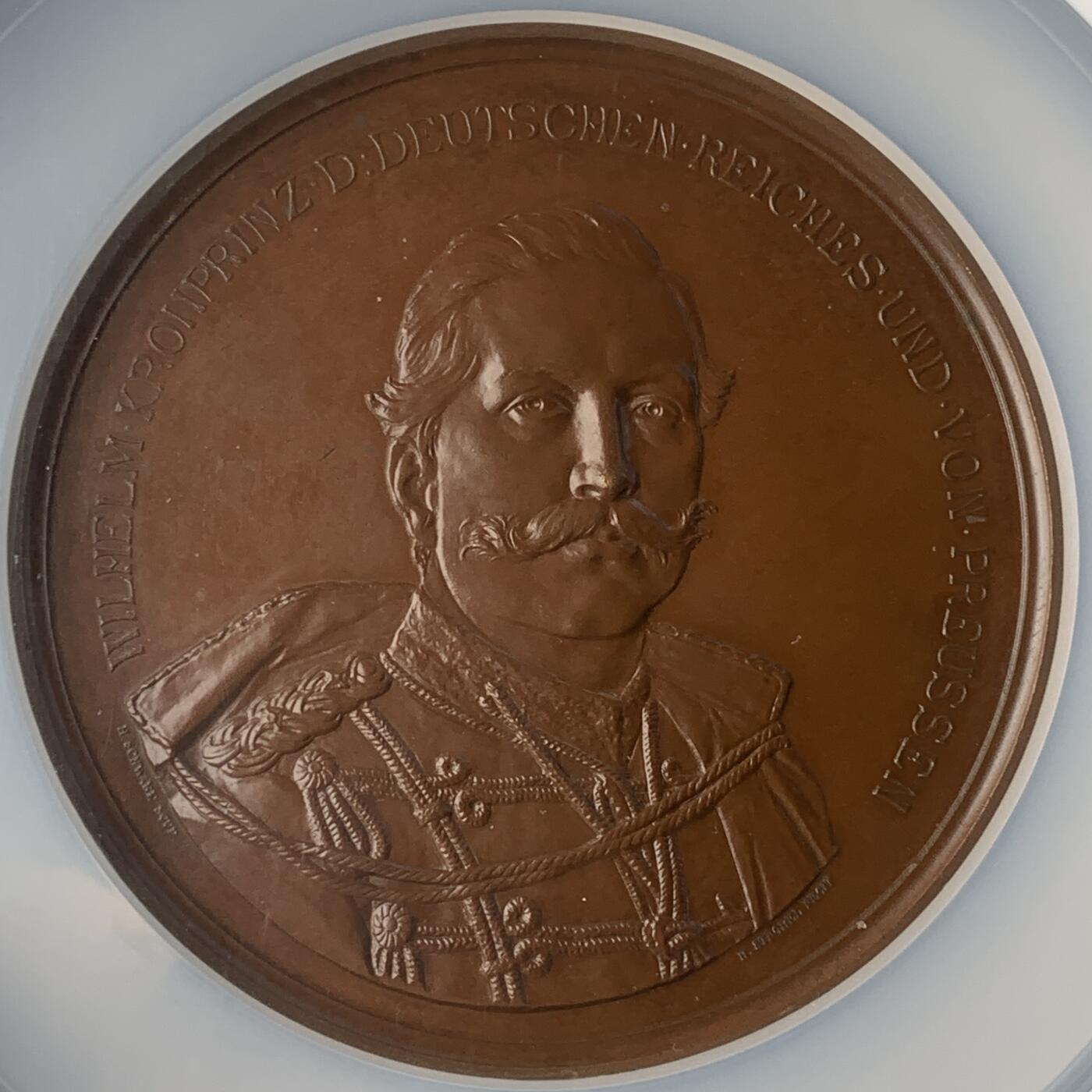 掌中浮雕-藏着的欧洲第051场 NGC MS63 ：1888年德皇弗立德里希三世立威廉二世为王储铜章，70mm