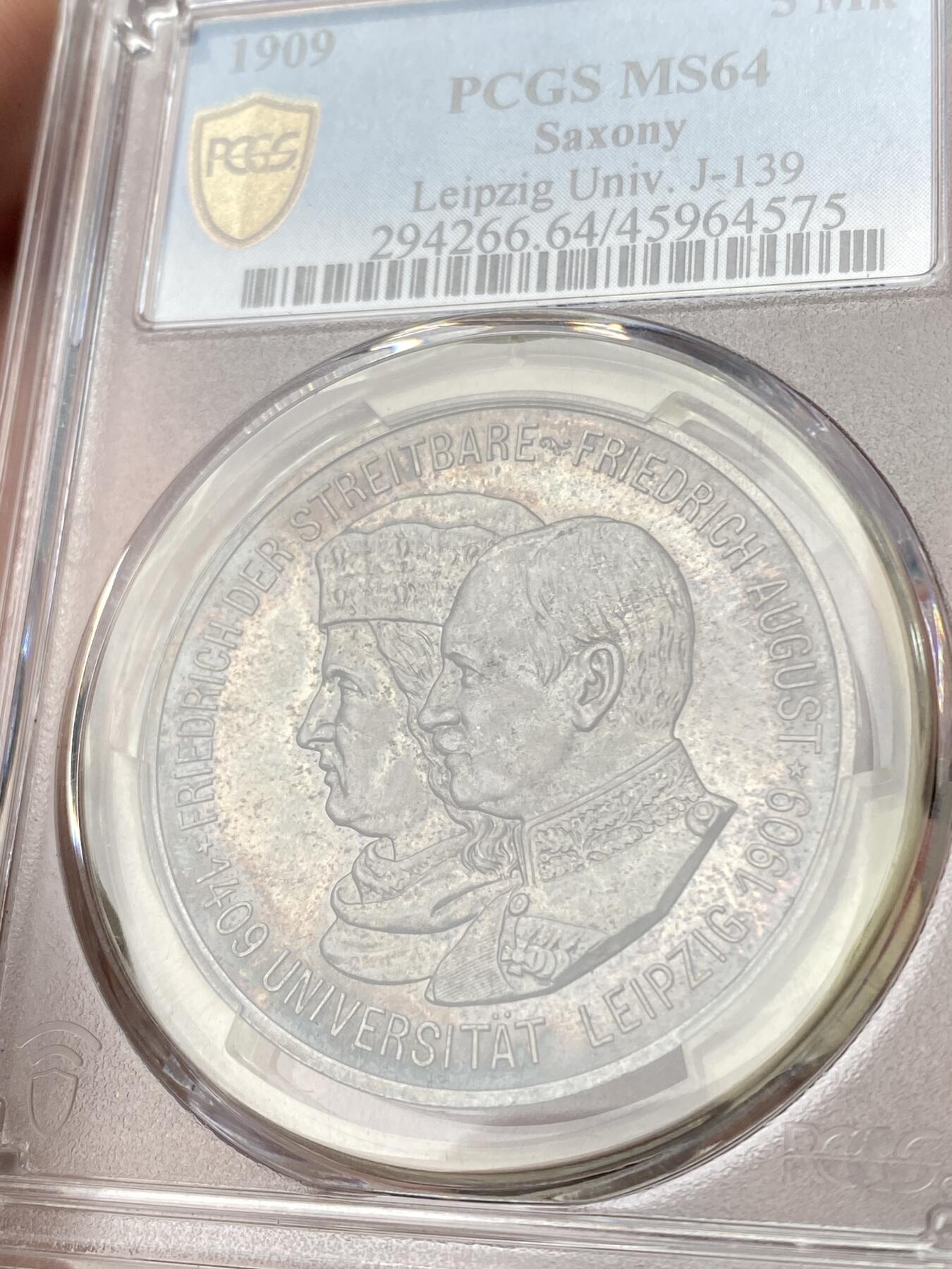 万国钱币拍卖第060期（万国六十期纪念大拍） PCGS MS64 1909萨克森莱比锡大学长翅5马克 经典品种 浓郁烟熏五彩极美 原味转光 收藏级品质