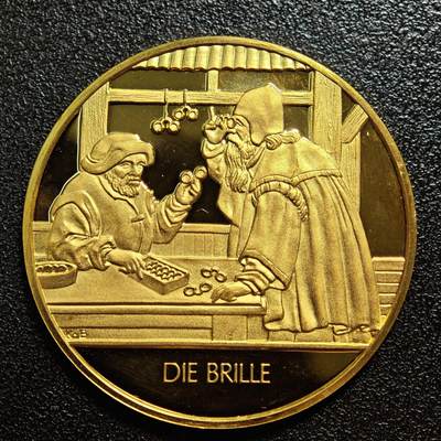 【德藏】世界币章拍卖第163期（拍品征集中~欢迎藏友联系） - 现代 德国眼镜发明镀金纪念银章  镜面质感极强 925银 直径约：38.6mm；重约：20.5g