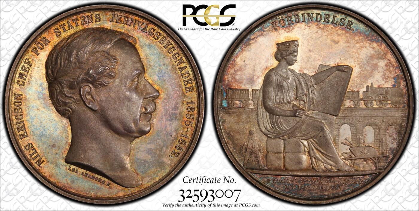 万国钱币拍卖第059期 PCGS SP65 1863年瑞典纪念尼尔斯·埃里克松瑞典国家铁路创始人兼总工程师大银章 背面瑞典女神手持规划图目送火车路过 47.5MM 50.3G大规格设计浮雕感强烈 宝石光泽均匀淡彩覆盖 绝美收藏品质 PC唯一冠军