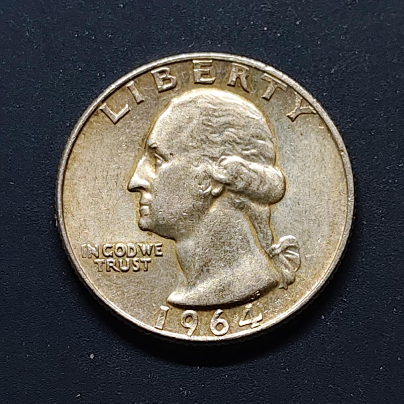 【全场包邮】纯粹捡漏拍498场-持续更新中 美国1964年华盛顿25分银币【24.3毫米6.25克90%，估算纯银价约158元（按28元/克银价核算）】