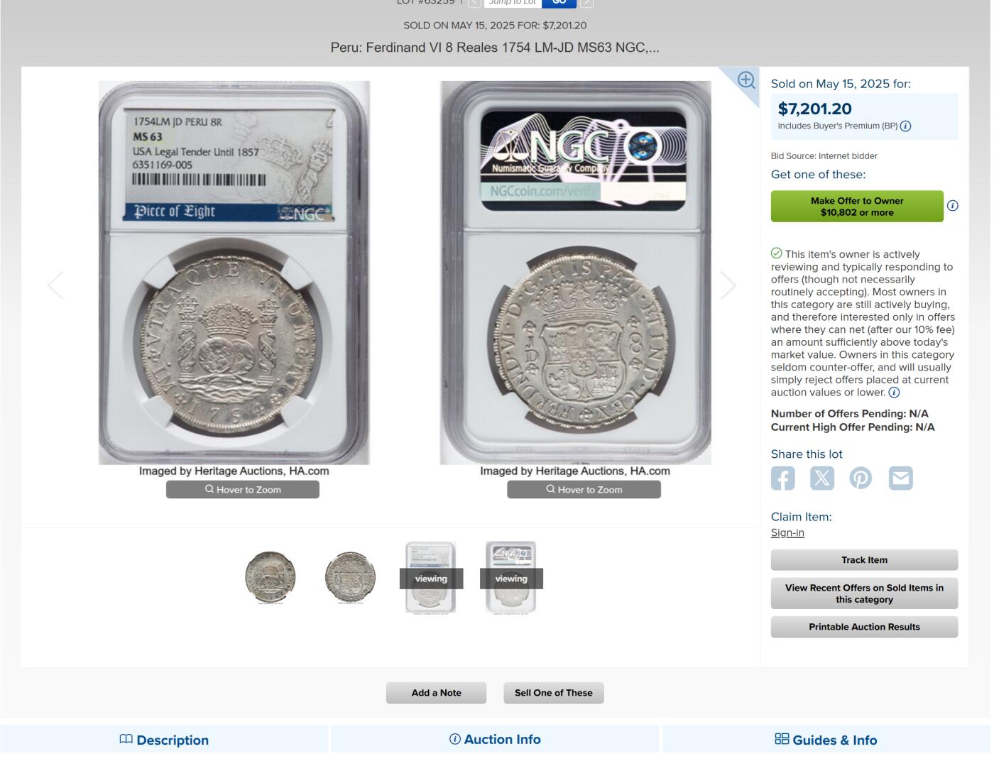 万国钱币拍卖第059期 PCGS MS63 1754西属秘鲁地球双柱8里亚尔银币 大名鼎鼎的利马厂铸造 西班牙大航海时代的产物 美国本土一直到1857年才终止了其作为货币流通的功能 此枚双面原光层极其饱满 打制深峻 不可多得的一枚典藏级地球 PC亚军分更高仅一枚 HA最近两枚同年份63成交价都在7200美金 此次贴脸入手机会切勿错过