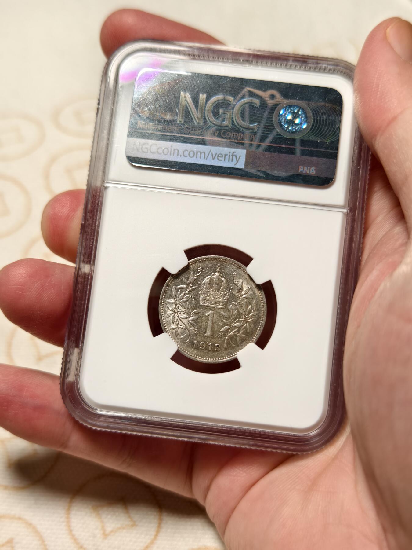 抚柳草堂-第十一期章牌钱币  奖章勋章限时免佣 满百包邮 放漏专场 1912奥匈帝国1科罗纳银币 Ngc Au58 原光好品 细节到位