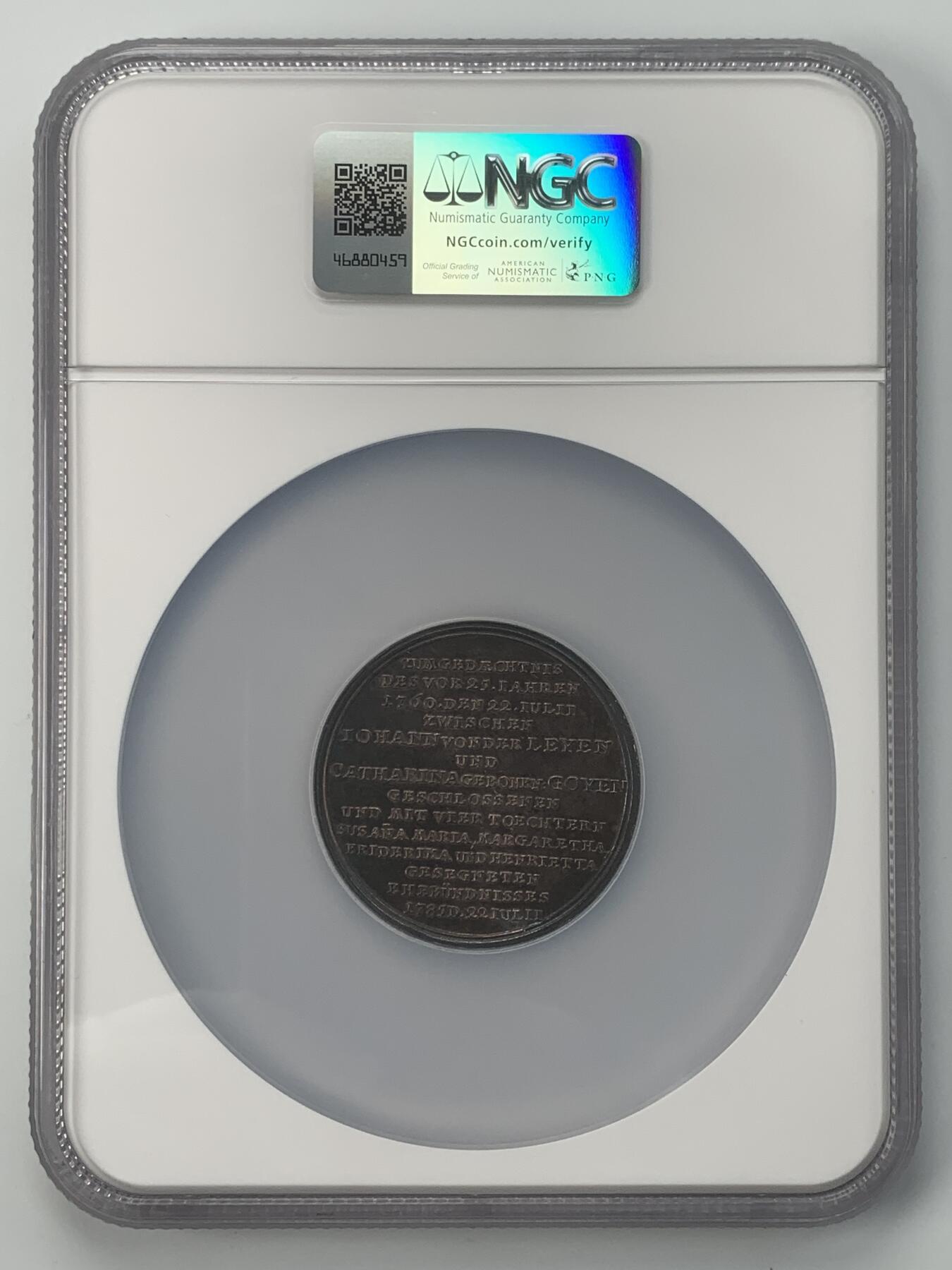 掌中浮雕-藏着的欧洲第051场 NGC MS62 : 1785年德国纺织业主约翰·冯德莱恩与卡塔琳娜·戈延银婚纪念银章，46mm, 老古董婚章，五彩包浆