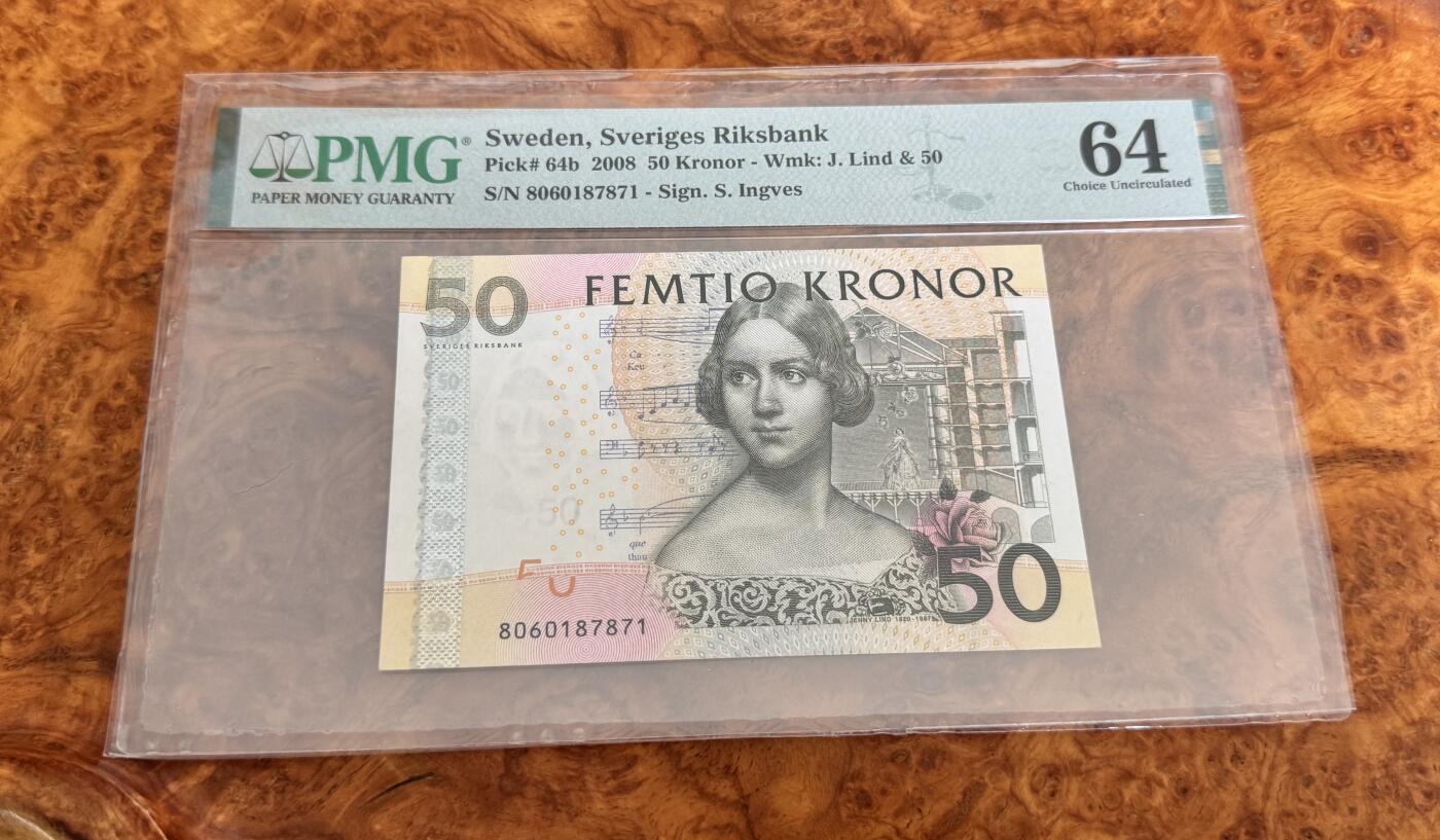 得物收藏 Chase Auction 第35期 - - 外钞、银元、民国钞和人民币混合场！持续更新中！ 2008年瑞典50克朗，PMG64！