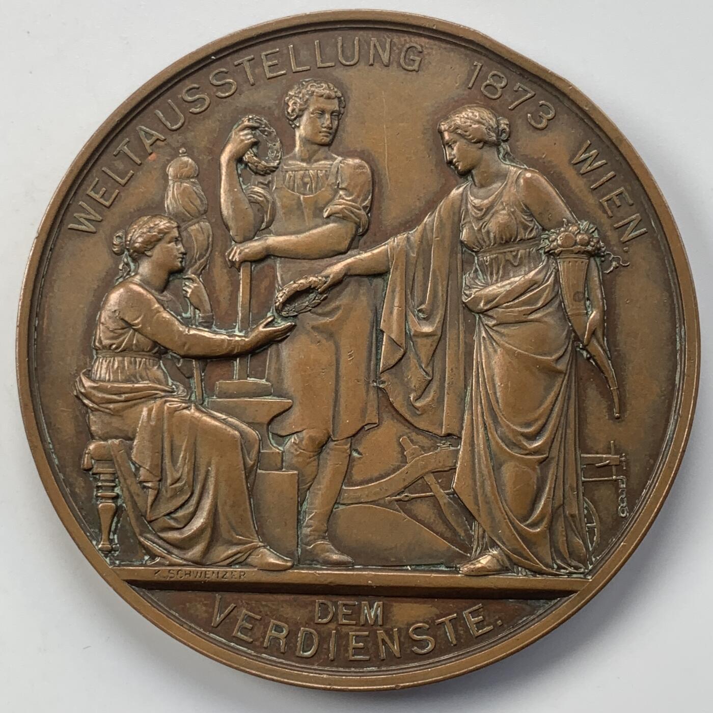掌中浮雕-藏着的欧洲第051场 1873年奥地利维也纳世界博览会纪念大铜章，70mm，奥地利著名章牌雕刻家约瑟夫.托藤海因（Josef Tautenhayn）作品