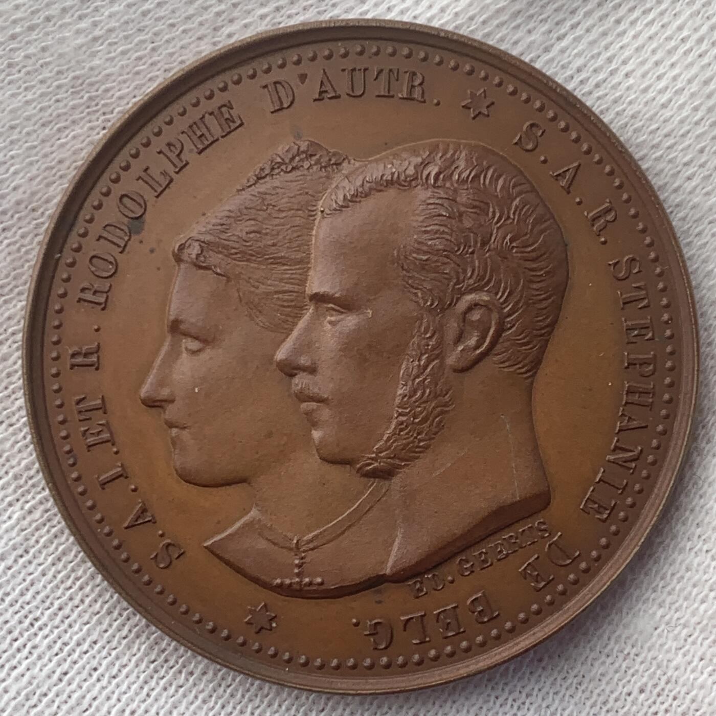 掌中浮雕-藏着的欧洲第051场 1881年奥匈帝国王子鲁道夫与比利时公主斯特凡娜结婚铜章 , Geerts雕刻，32mm