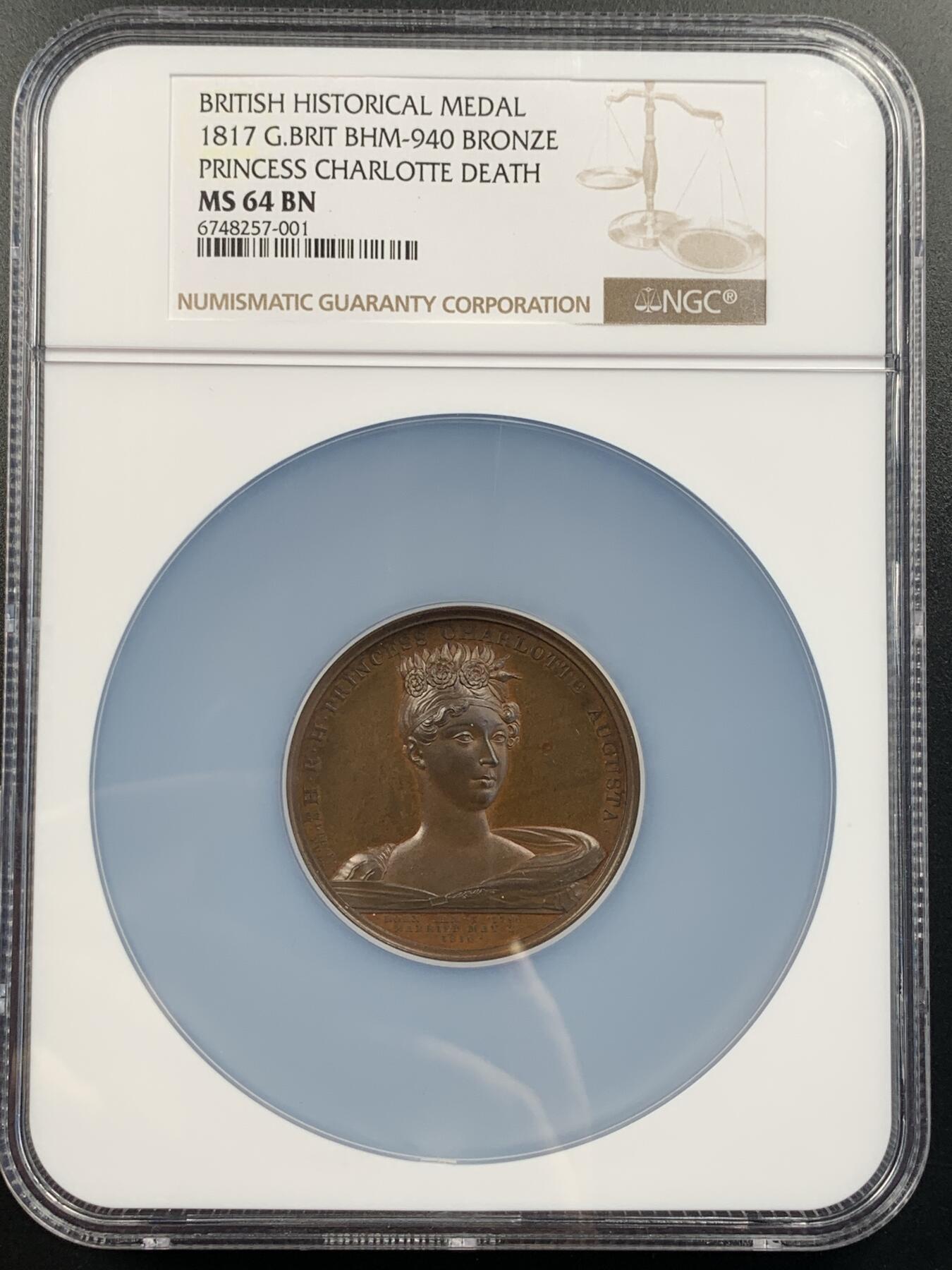 掌中浮雕-藏着的欧洲第051场 NGC MS64 : 1817年英国国王乔治四世唯一的孩子夏洛特公主去世纪念铜章，50mm