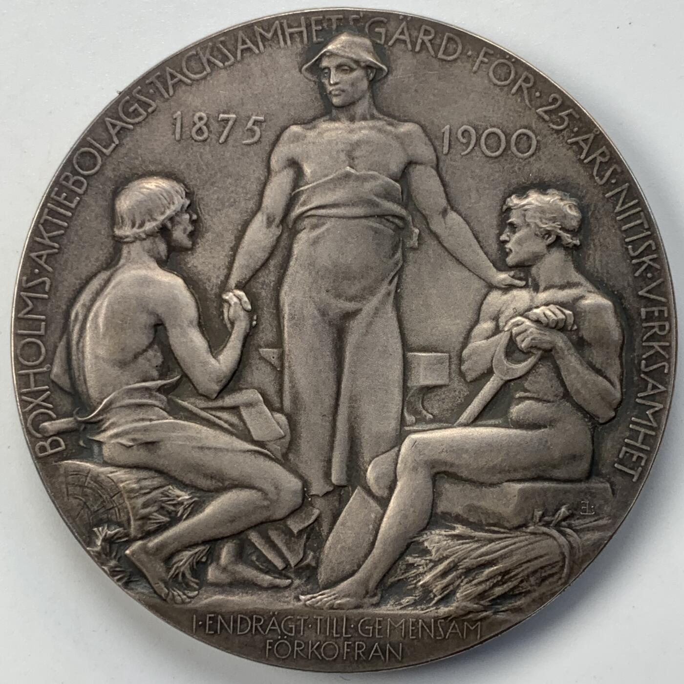 掌中浮雕-藏着的欧洲第051场 1900年瑞典博克斯霍尔姆股份公司成立25周年银章，E.lindberg雕刻，56mm，96g，配有合适的盒子