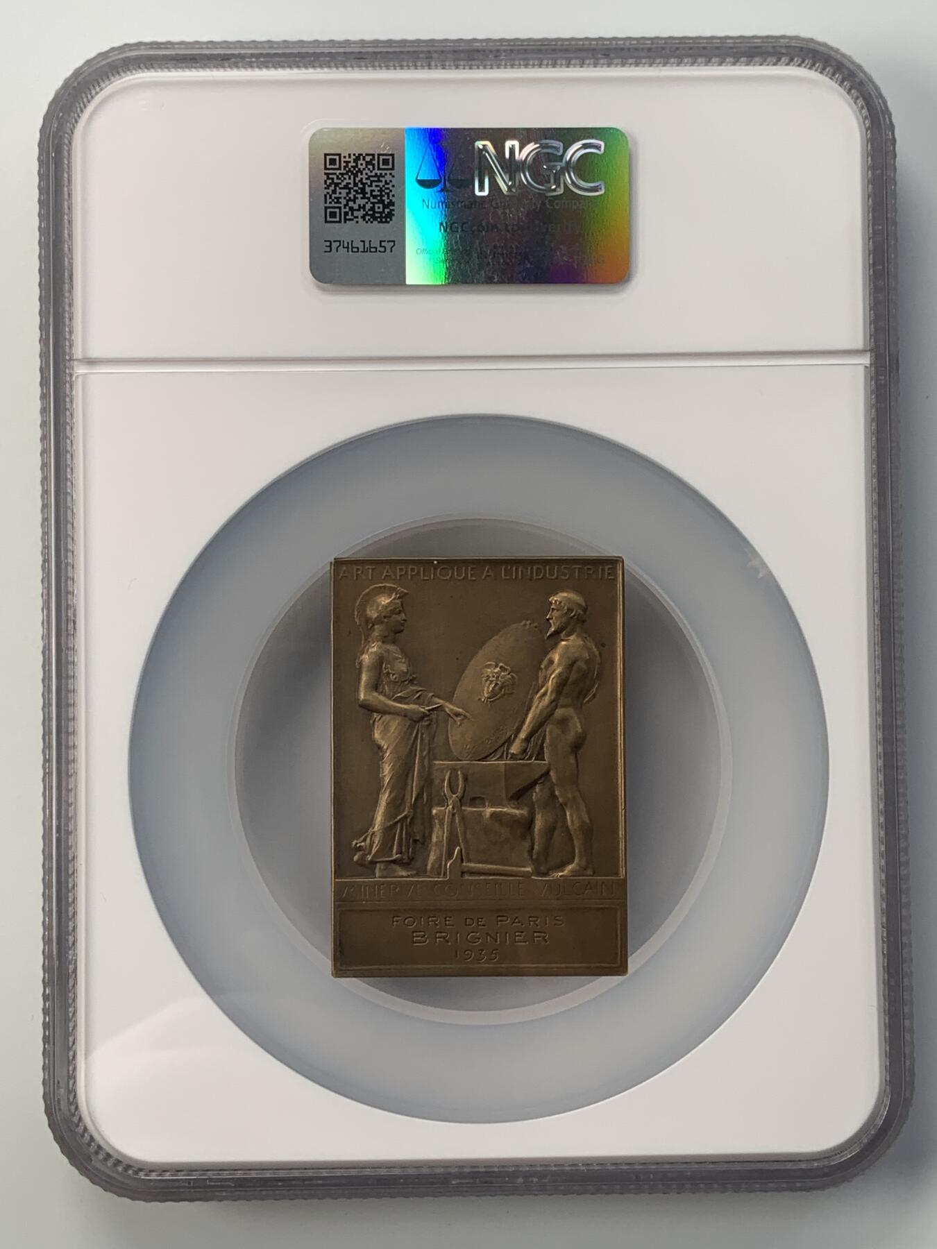 掌中浮雕-藏着的欧洲第051场 NGC MS64:1935年法国戎装玛丽安娜女神铜章，42*59mm，大师罗蒂作品