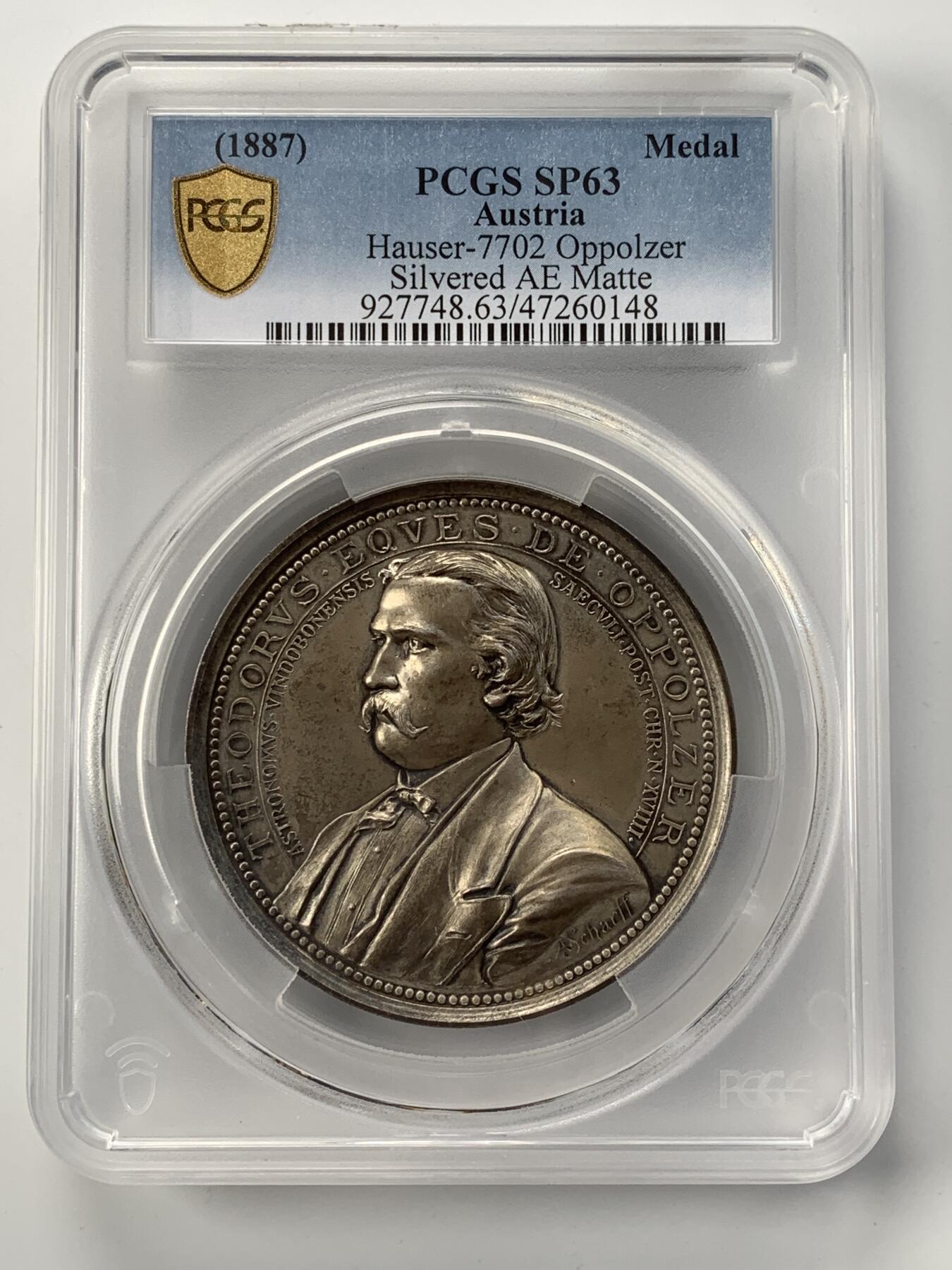 掌中浮雕-藏着的欧洲第051场 PCGS SP63 : 1887年奥地利数学家天文学家奥博尔策镀银铜章，66mm，大师安东沙夫作品