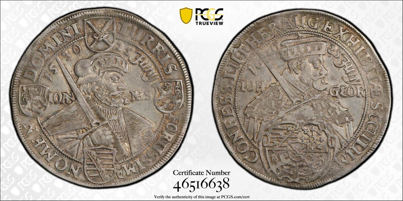 万国钱币拍卖第059期 PCGS AU55 1630神罗萨克森选侯国持剑大泰勒 三十年战争时期名誉品种 纪念奥格斯堡信纲100周年 PCGS加大盒 原味淡彩 PC亚军分 更高仅一枚