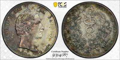 万国钱币拍卖第059期 - PCGS AU55 1835年德国巴伐利亚路德维希一世纪念巴登加入关税同盟历史大泰勒 原味双面重五彩