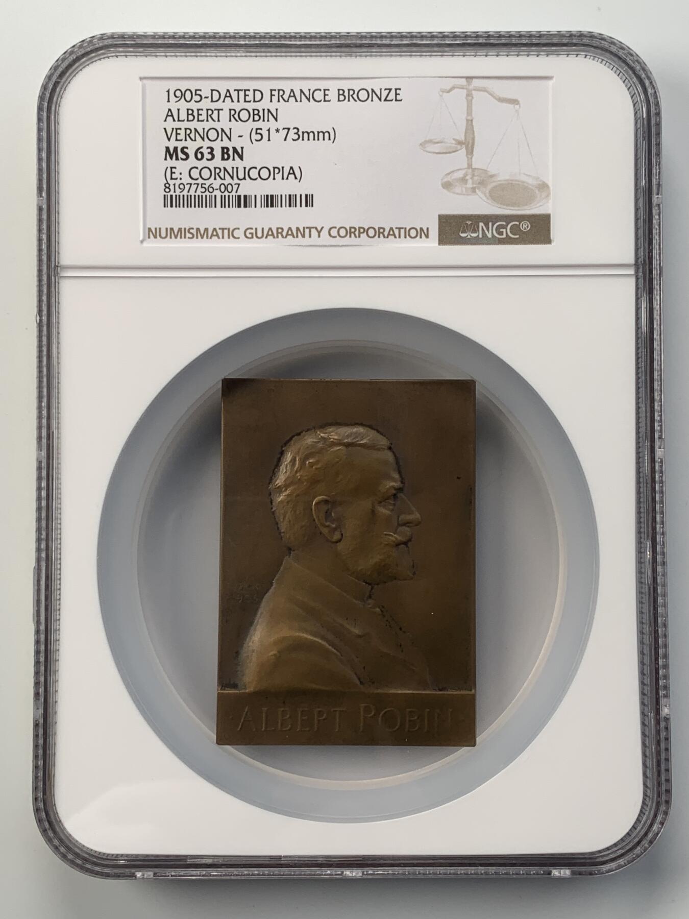 掌中浮雕-藏着的欧洲第051场 NGC MS63 : 1905年法国巴黎医学院教授艾伯特•罗宾纪念铜章 ，73 X 51mm