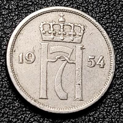 泉币菌-第177场- 精品福利场 - 哈康七世 皇冠 挪威10欧尔1954年 铜镍币 15.0毫米1.5克