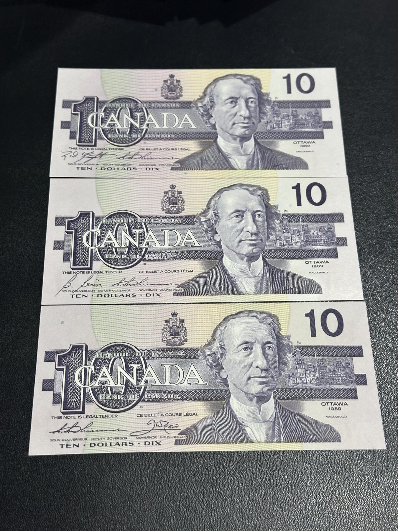 《外钞收藏家》第六百零五期（精选场）（本平台长期征集拍品、欢迎藏友们联系合作） 加拿大鸟版10元 不同签名 三张一起 全新 都是无47靓号 其中一张豹子号 有一张有潮斑