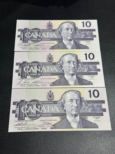 《外钞收藏家》第六百零五期（精选场）（本平台长期征集拍品、欢迎藏友们联系合作） - 加拿大鸟版10元 不同签名 三张一起 全新 都是无47靓号 其中一张豹子号 有一张有潮斑