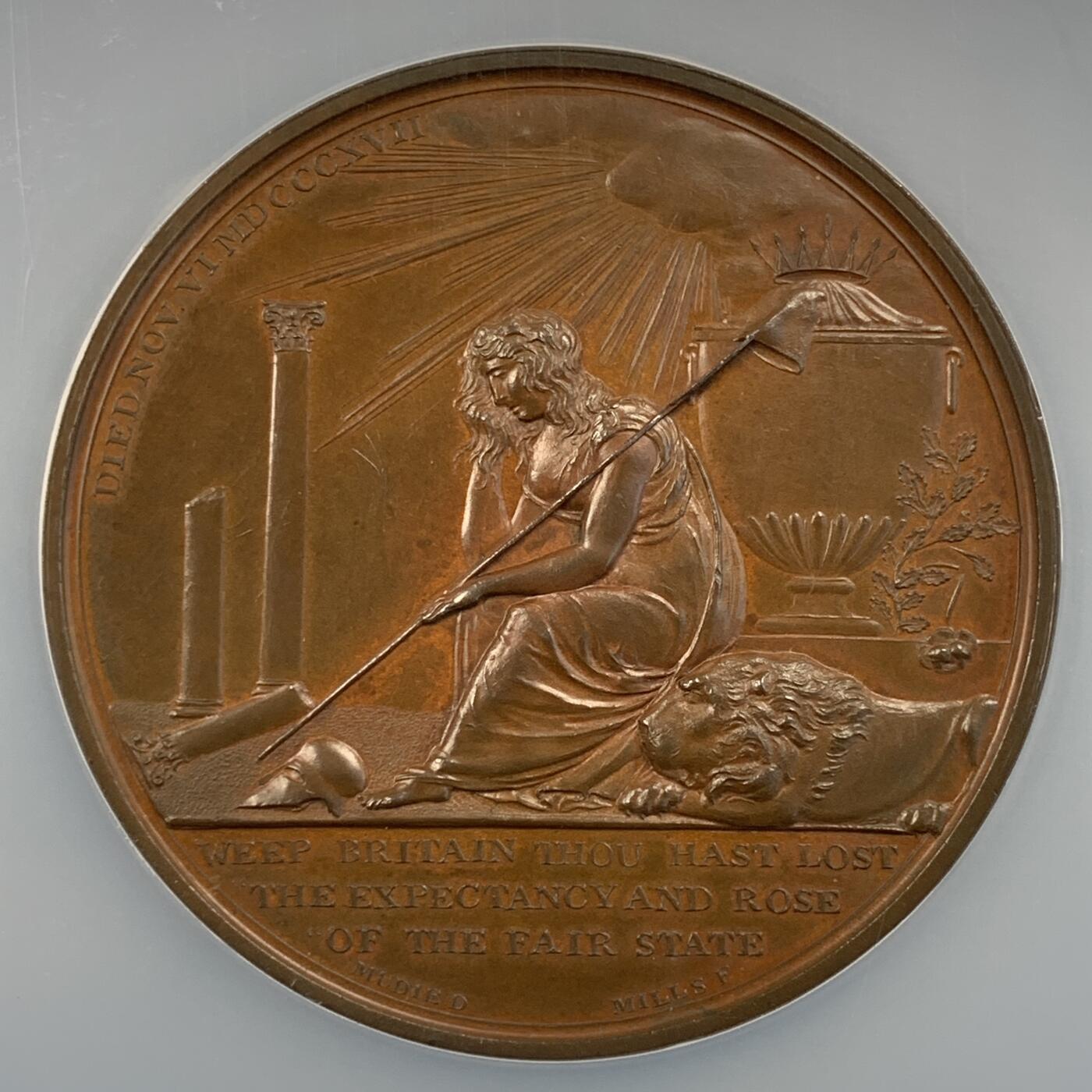 掌中浮雕-藏着的欧洲第051场 NGC MS64 : 1817年英国国王乔治四世唯一的孩子夏洛特公主去世纪念铜章，50mm