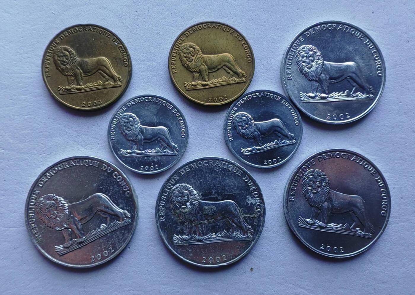 刚果硬币2002年8枚 25分50分1法郎 鸡 龟 羊 鼬 蝴蝶 猩猩 长颈鹿 足球球员