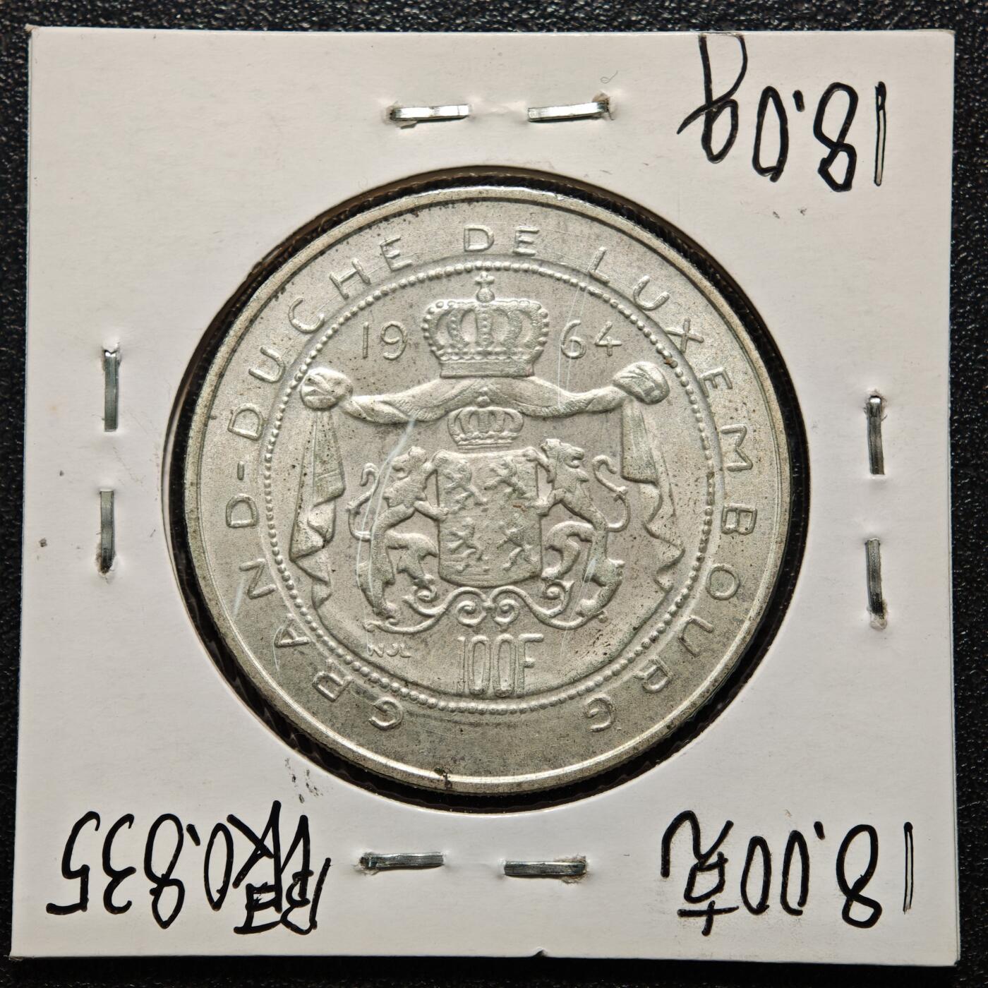 【德藏】世界币章拍卖第163期（拍品征集中~欢迎藏友联系） 老藏家集藏系列之- 1964年 卢森堡七任大公100法郎银币 835银 直径约：33mm；重约：18g 入册20余年·附有当年购入价 