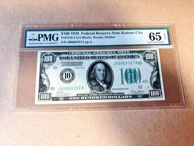 【Blue Auction】世界纸币精拍第780期——18级TOP拍卖/信誉/品质/专业/高效💫 - 【数字区号首版 少见堪萨斯版】美国 1928年100美金 PMG65EPQ 