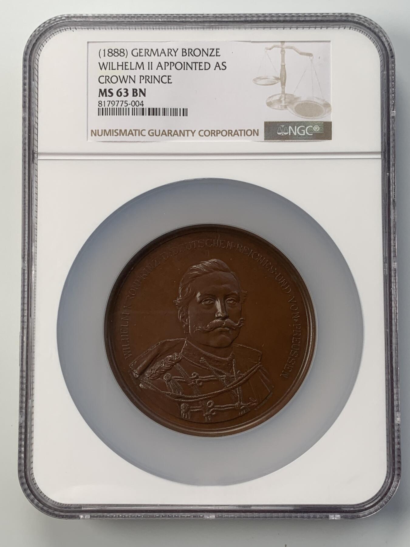 掌中浮雕-藏着的欧洲第051场 NGC MS63 ：1888年德皇弗立德里希三世立威廉二世为王储铜章，70mm