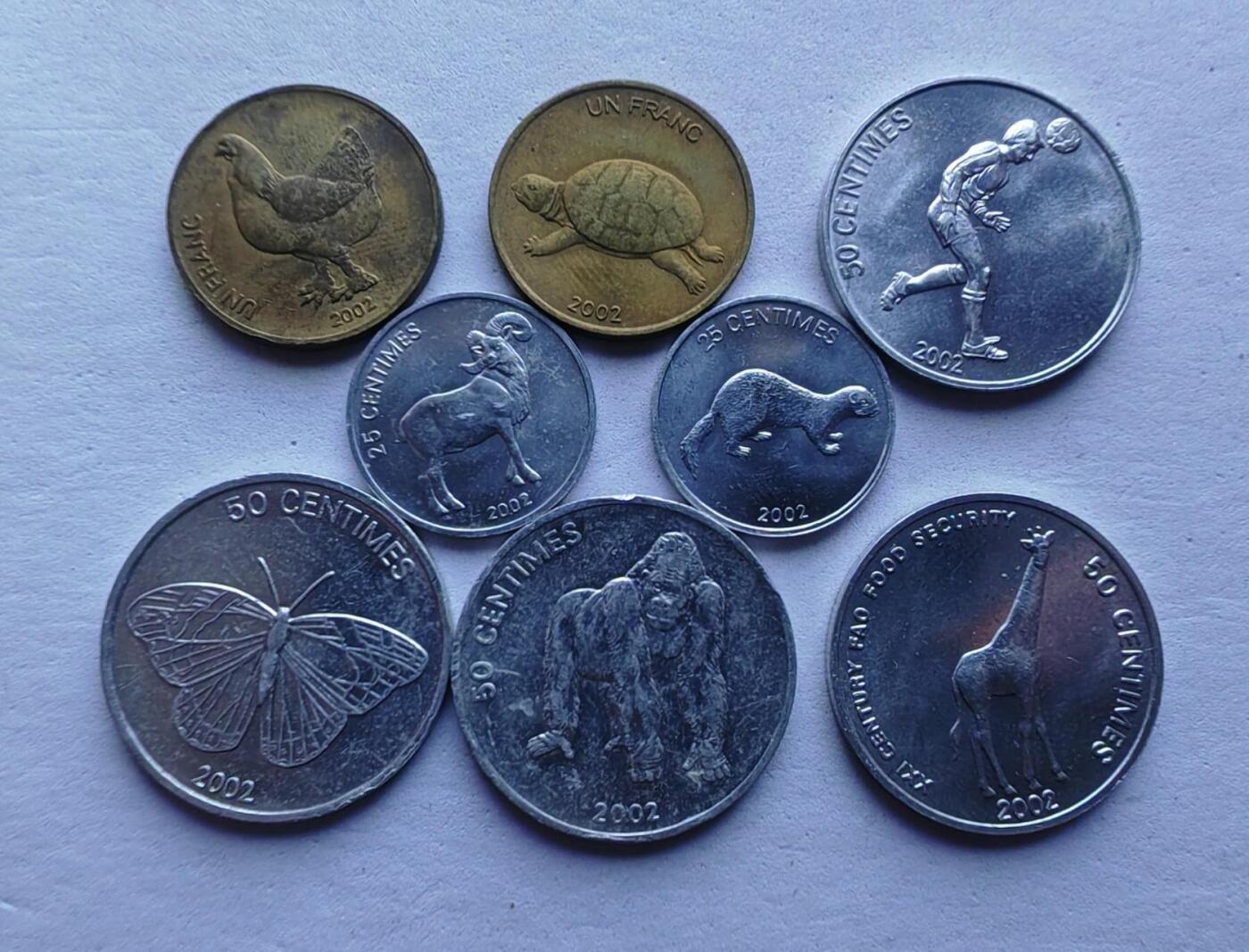 刚果硬币2002年8枚 25分50分1法郎 鸡 龟 羊 鼬 蝴蝶 猩猩 长颈鹿 足球球员