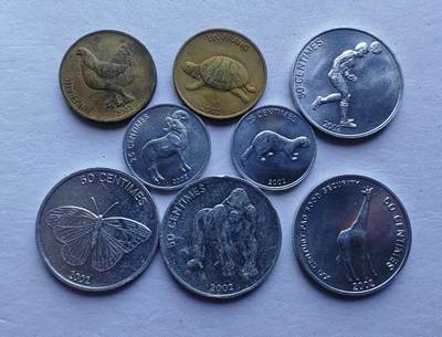 刚果硬币2002年8枚 25分50分1法郎 鸡 龟 羊 鼬 蝴蝶 猩猩 长颈鹿 足球球员 - 刚果硬币2002年8枚 25分50分1法郎 鸡 龟 羊 鼬 蝴蝶 猩猩 长颈鹿 足球球员