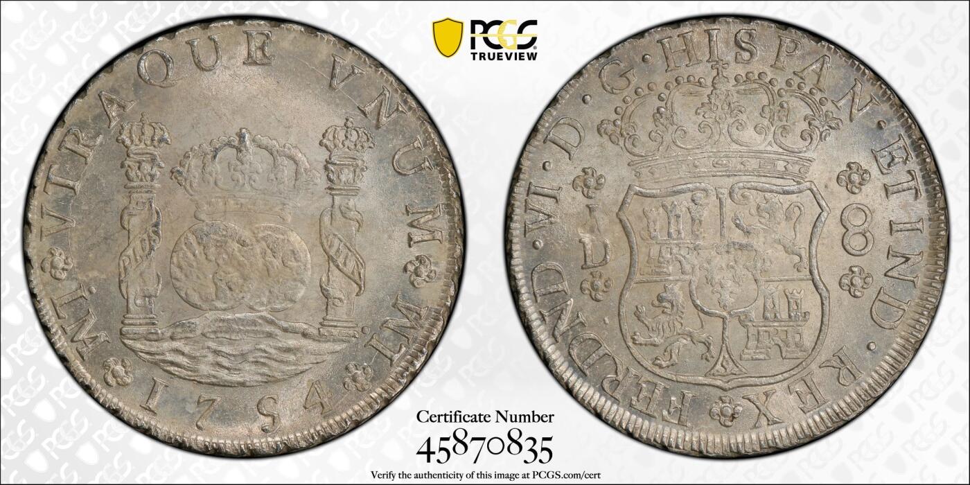 万国钱币拍卖第059期 PCGS MS63 1754西属秘鲁地球双柱8里亚尔银币 大名鼎鼎的利马厂铸造 西班牙大航海时代的产物 美国本土一直到1857年才终止了其作为货币流通的功能 此枚双面原光层极其饱满 打制深峻 不可多得的一枚典藏级地球 PC亚军分更高仅一枚 HA最近两枚同年份63成交价都在7200美金 此次贴脸入手机会切勿错过