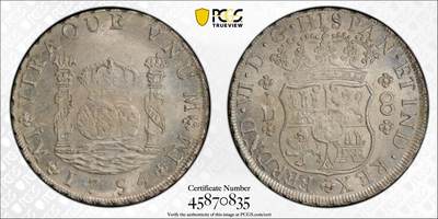 万国钱币拍卖第059期 - PCGS MS63 1754西属秘鲁地球双柱8里亚尔银币 大名鼎鼎的利马厂铸造 西班牙大航海时代的产物 美国本土一直到1857年才终止了其作为货币流通的功能 此枚双面原光层极其饱满 打制深峻 不可多得的一枚典藏级地球 PC亚军分更高仅一枚 HA最近两枚同年份63成交价都在7200美金 此次贴脸入手机会切勿错过