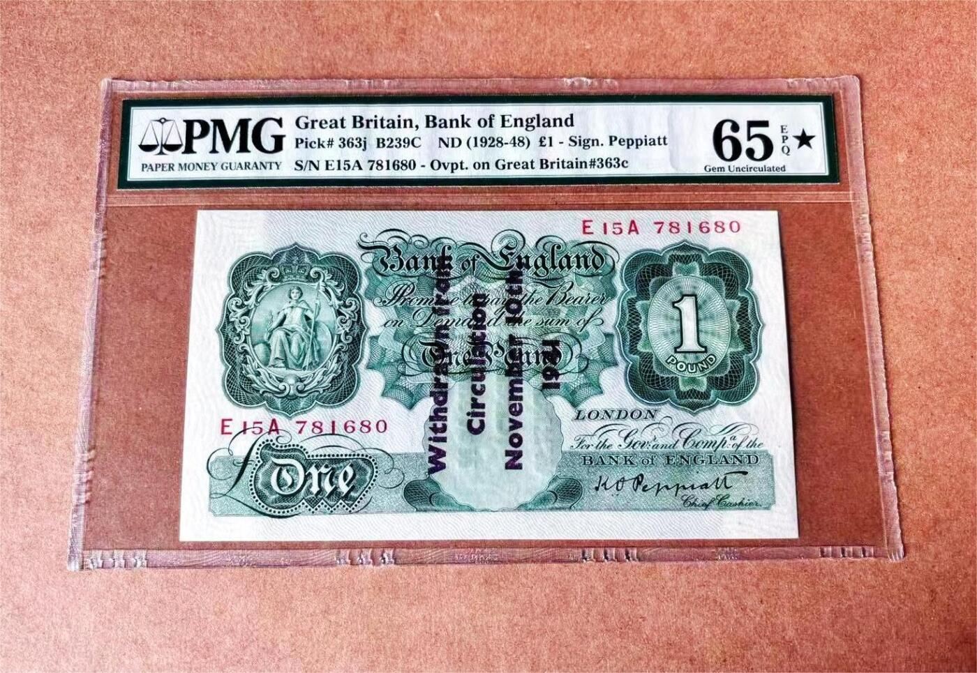 【Blue Auction】世界纸币精拍第780期——18级TOP拍卖/信誉/品质/专业/高效💫 【唯一带星可遇不可求】英国 A序列 1941年1镑PMG65EPQ星星 老壳 加盖 