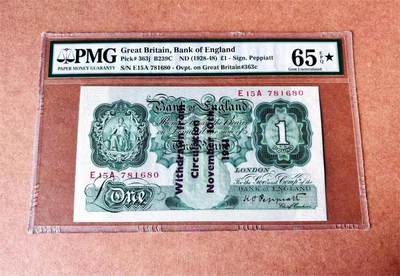 【Blue Auction】世界纸币精拍第780期——18级TOP拍卖/信誉/品质/专业/高效💫 - 【唯一带星可遇不可求】英国 A序列 1941年1镑PMG65EPQ星星 老壳 加盖 "Withdrawn from Circulation November 10th 1941" （在特定历史背景下产生 在二战期间德国占领格恩西岛期间从流通中收回 常见流通品相 如此高分非常罕见更何况仅此一张带星极具收藏价值 冠军分仅2张66 但是这张早期英镑带星稀缺度胜过66的）