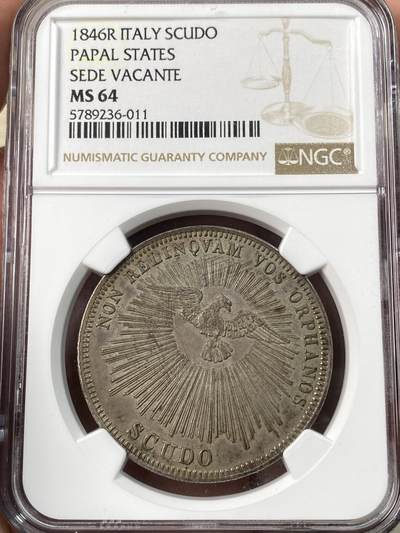 万国钱币拍卖第060期（万国六十期纪念大拍） - NGC MS64 1846年教皇国教宗缺位斯库多大银 罗马造币厂铸 仅单年发行4000枚 均匀欧陆五彩裹身 教皇牧徽繁复华丽 深打浮雕质感  可遇不可求的典藏级品质