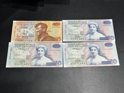 《外钞收藏家》第六百零五期（精选场）（本平台长期征集拍品、欢迎藏友们联系合作） - 新西兰5和10元 2张AA冠+1张10元无47尾88+1张10元补号 全新UNC 有一张边上轻微潮
