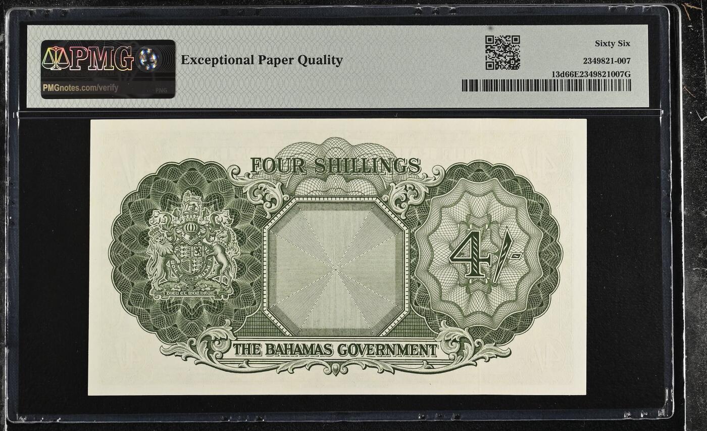 《外钞收藏家》第六百零五期（精选场）（本平台长期征集拍品、欢迎藏友们联系合作） 【无47】巴哈马 1963年4先令 PMG65EPQ 绝品 英女王 靓号无47
