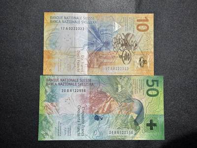 《外钞收藏家》第六百零五期（精选场）（本平台长期征集拍品、欢迎藏友们联系合作） - 瑞士手版2017年10法郎首发A冠+20年20法郎 2张一起 都是无47 全新UNC