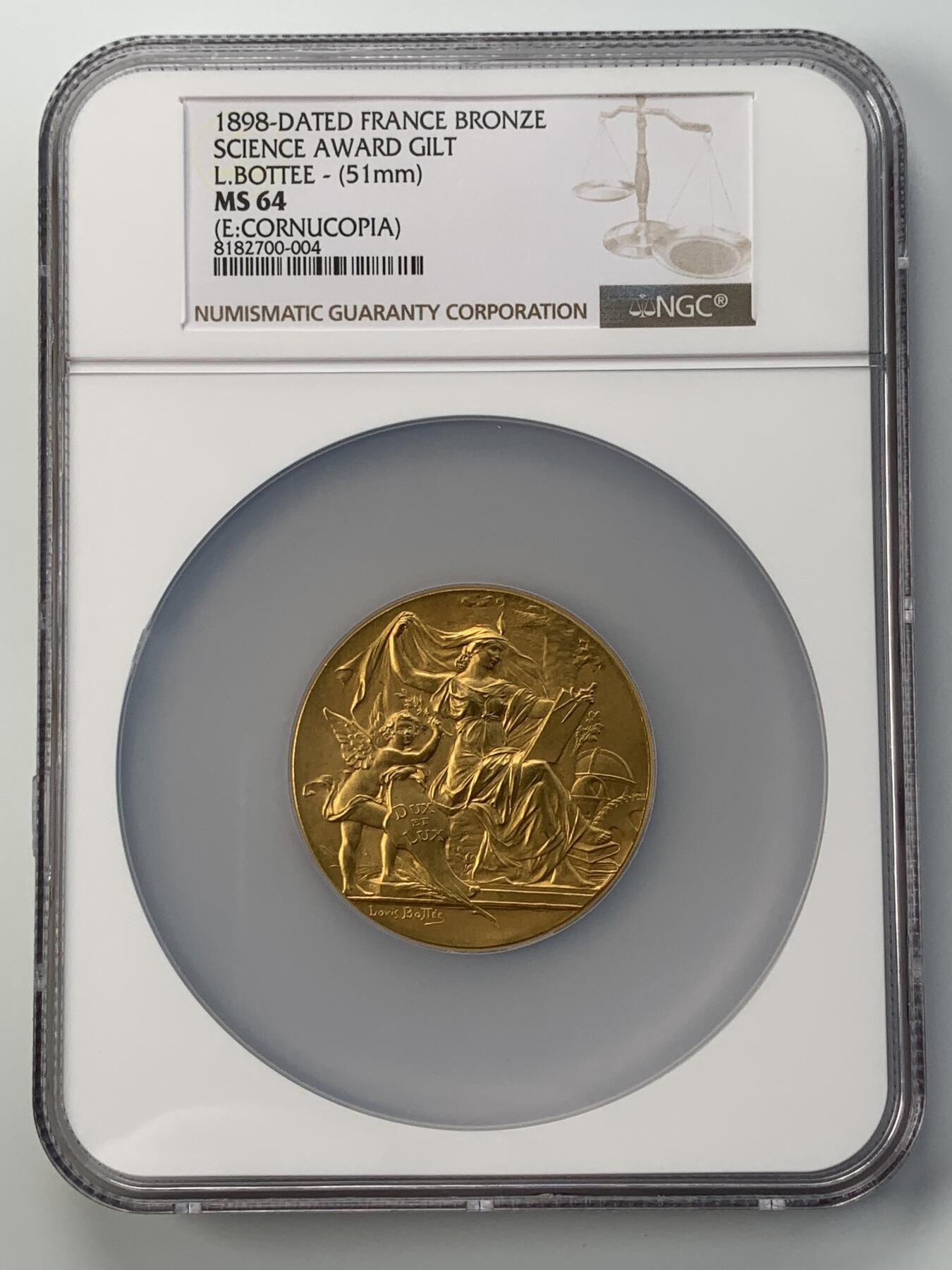 掌中浮雕-藏着的欧洲第051场 NGC MS64 : 1898年法国向科学致敬镀金铜奖章，51mm