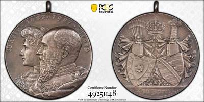万国钱币拍卖第059期 - PCGS MS63 1907年德国绍姆堡-利珀王室婚礼银婚纪念大银章 PC唯一记录 绍姆堡的乔治王子与安妮公主的银婚纪念 罕见品种反面双家族纹章