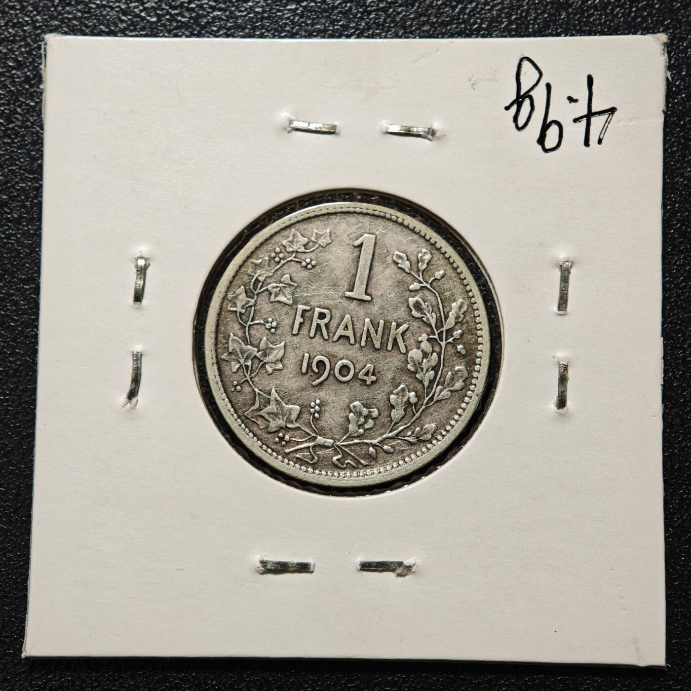【德藏】世界币章拍卖第163期（拍品征集中~欢迎藏友联系） 老藏家集藏系列之- 1904年 比利时利奥波德二世1法郎银币 835银 直径约：23mm；重约：5g 入册20余年·附有当年购入价 
