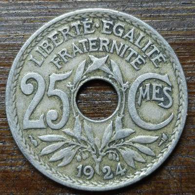 【铜匠收藏】★第141★散币专场 不寄存，30包邮。不满30元，支付5元运费。《接受代拍 代送NGC评级》 - 30【无寄存】法国 1924年 25生丁 中孔币