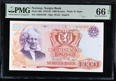 【Blue Auction】世界纸币精拍第780期——18级TOP拍卖/信誉/品质/专业/高效💫 - 【b版】挪威 1980年1000克朗 易卜生 PMG66EPQ 设计精美