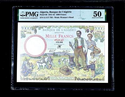【Blue Auction】世界纸币精拍第780期——18级TOP拍卖/信誉/品质/专业/高效💫 -  【仅2张更高分 无全新存世 好品难遇】阿尔及利亚 1942年1000法郎 大票幅 农村风光唯美 一家三口很温馨 色彩艳丽 法属经典 PMG50状态佳无背标 值得收藏