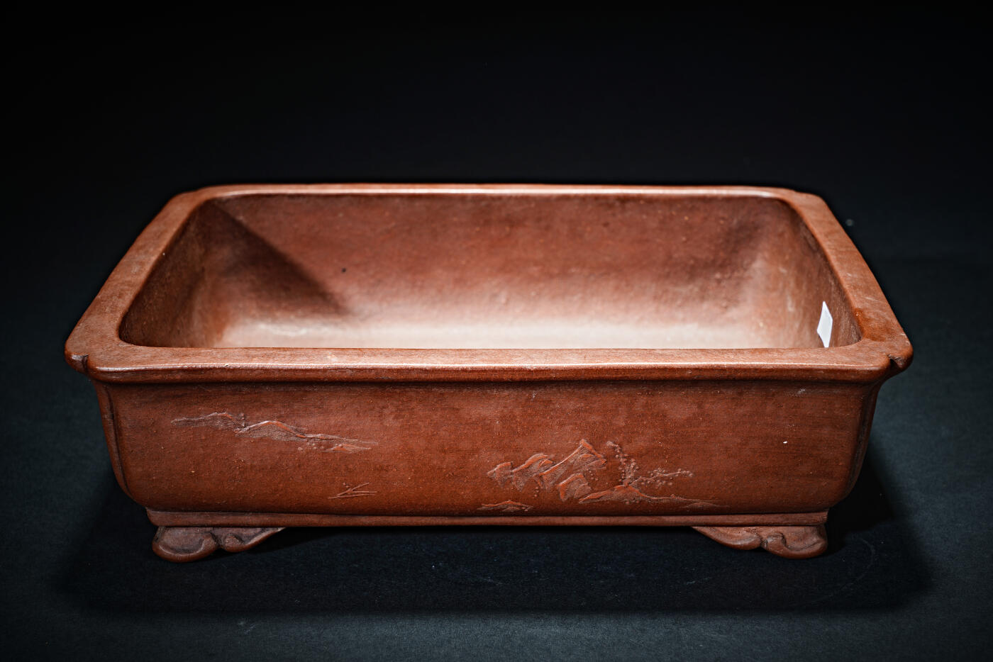 上海都达杂项专场九（全场包邮） 吴小卫制 紫砂贴花山水云头纹四足花盆1-425