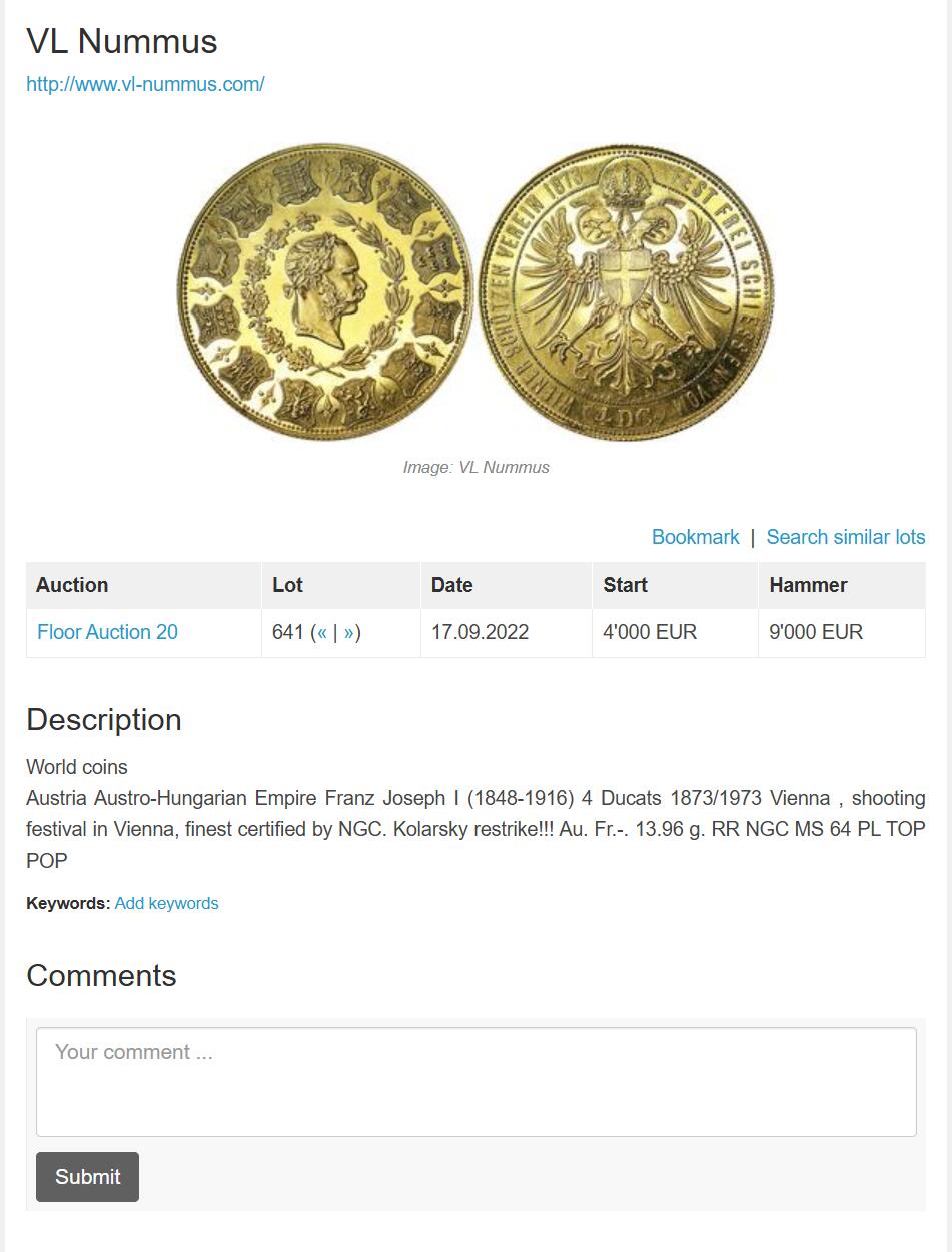 万国钱币拍卖第059期 NGC MS64PL 1873（1973年后铸）奥地利弗朗茨-约瑟夫一世维也纳射击节4杜卡特大金币 奥地利大名誉品种 其原铸价格已是高不可攀的存在 即便后铸也是难得一见 类镜面喷砂质感在黄金载体上更显华丽 22年VL Nummus拍卖原物 当时的成交价格就已经约合人民币9万元 不容错过的顶级奥地利章牌藏品