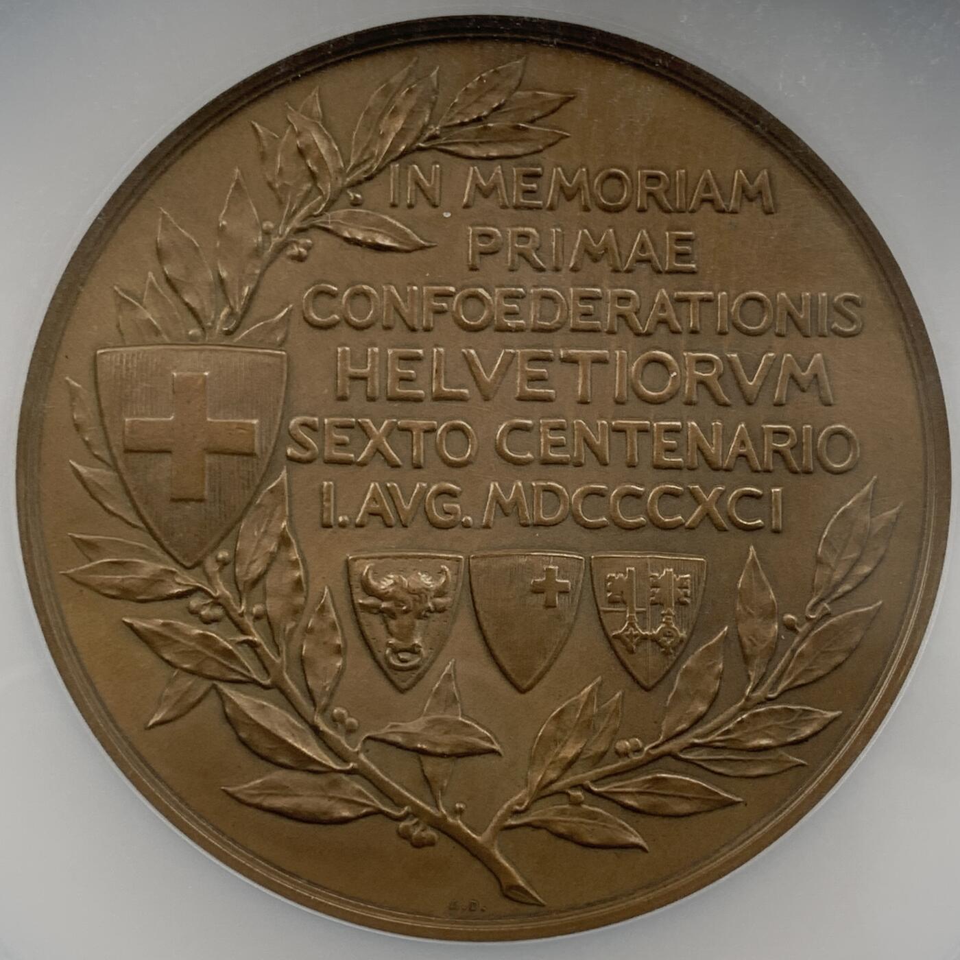 掌中浮雕-藏着的欧洲第051场 NGC MS63 : 1891年瑞士联邦600周年纪念大铜章 ，69mm，A.Dubois作品