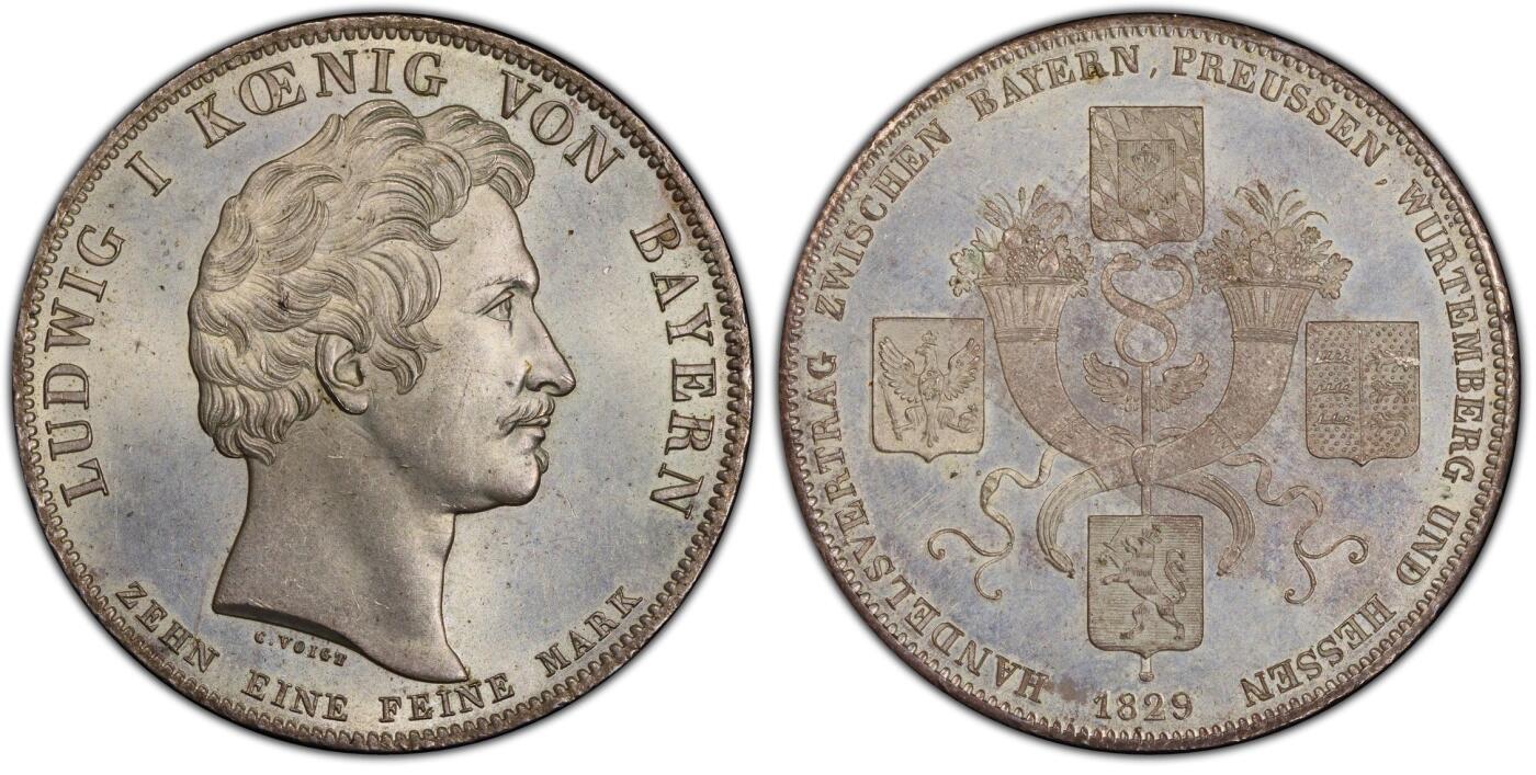 万国钱币拍卖第059期 PCGS MS65 1829年德国巴伐利亚路德维希一世贸易协定历史泰勒  纪念巴伐利亚、普鲁士、符腾堡和黑森之间的贸易协定泰勒 极其难得的BU级别历史大泰勒 银光在币面如流水般泻出  喷砂质感的四邦纹章紧密围绕在象征繁荣富裕的丰饶角周围 实物上手惊艳